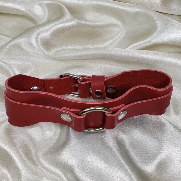 Layer Leather Caged Frame O Burgundy Choker - Picture 2 of 8